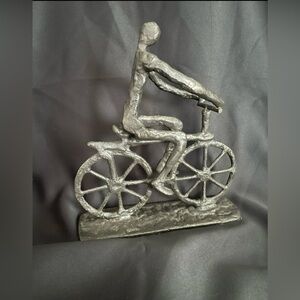 Heavy Solid Bronze Sculpture Of Man On Bicycle.  9” H x 8” L x 2” W